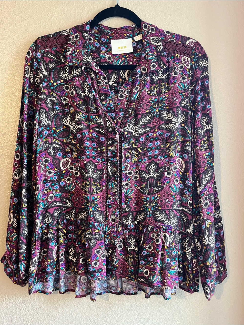 Maeve Multi-Color Floral Tie-Neck Blouse in Plum